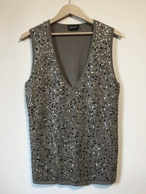 BASLER Virgin Wool & Silk Sequin Taupe Knit Sweater Vest Grey - 38 / M Luxury
